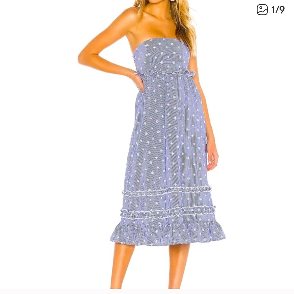 Tularosa Raven Blue Striped Floral Strapless Midi Dress